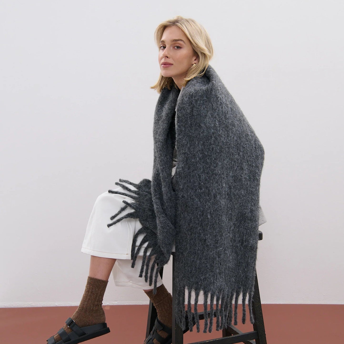 Charcoal Wool Blend Fluffy Scarf