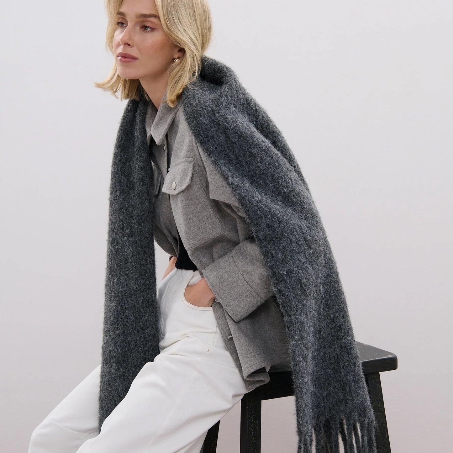 Charcoal Wool Blend Fluffy Scarf