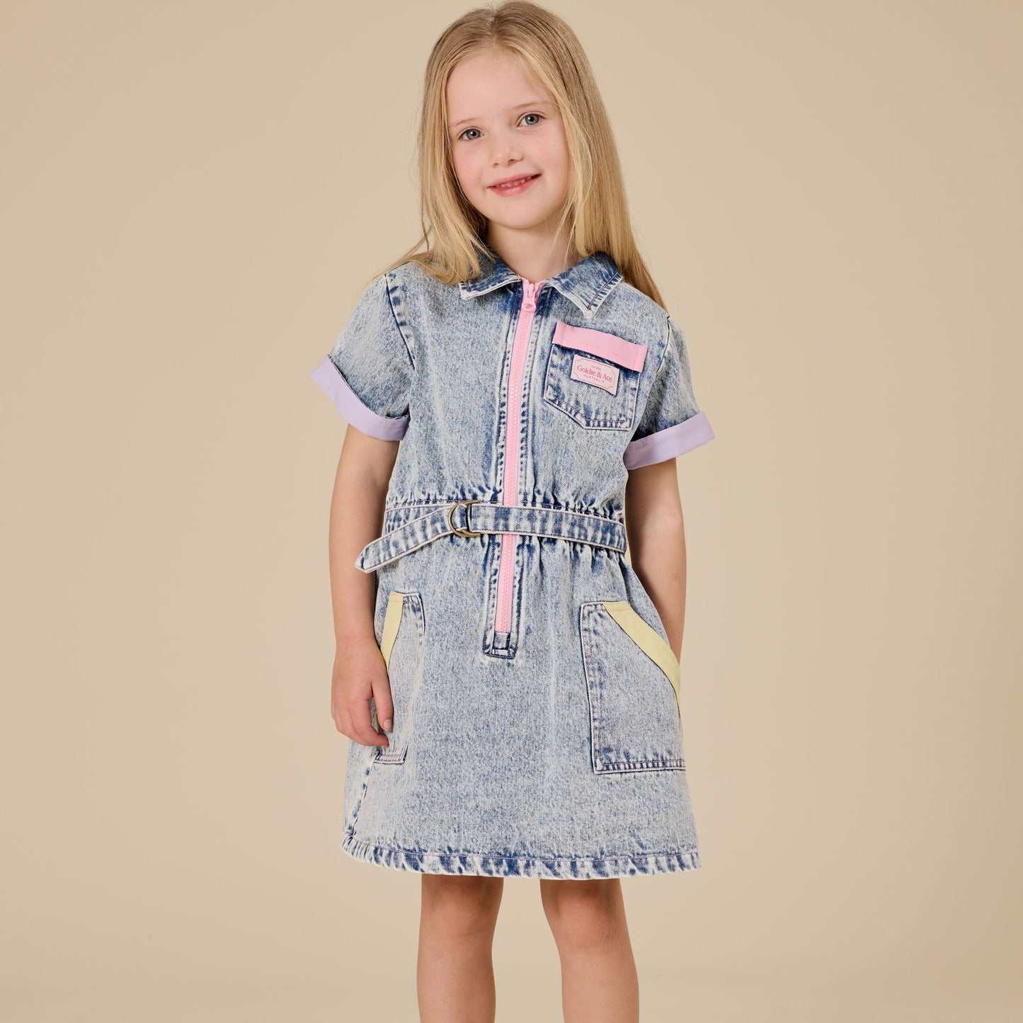 Pastel Pop Piper Denim Belted Kids Dress