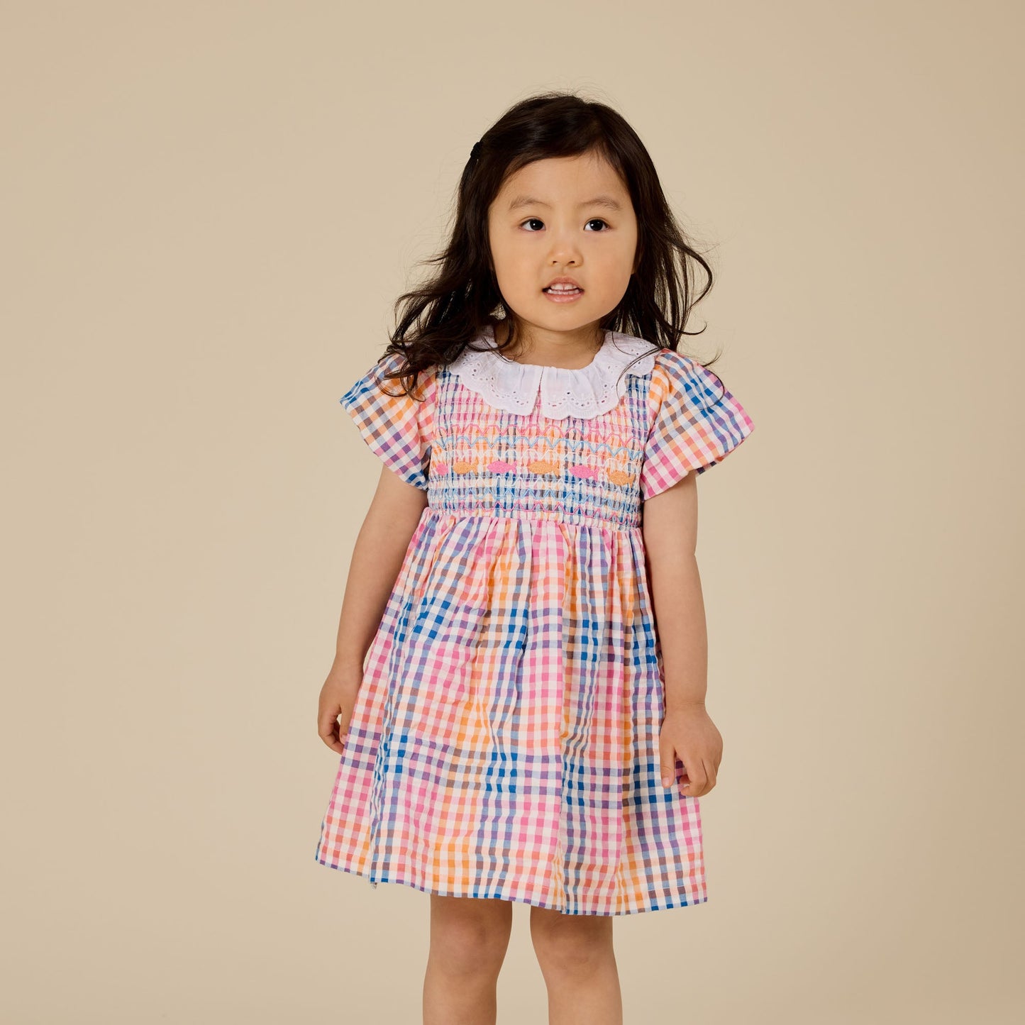 Flo Rainbow Gingham Smoked Kids Dress