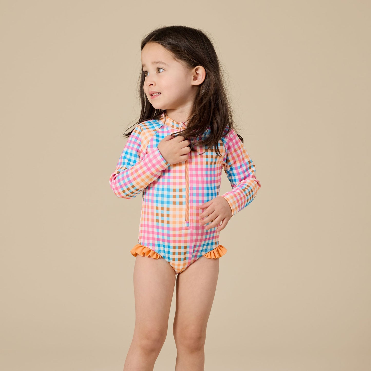 Rainbow Gingham Long Sleeve Frill Kids Swimsuit