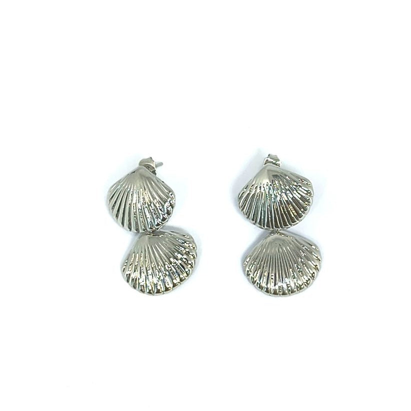Double Shell Silver Drop Earrings