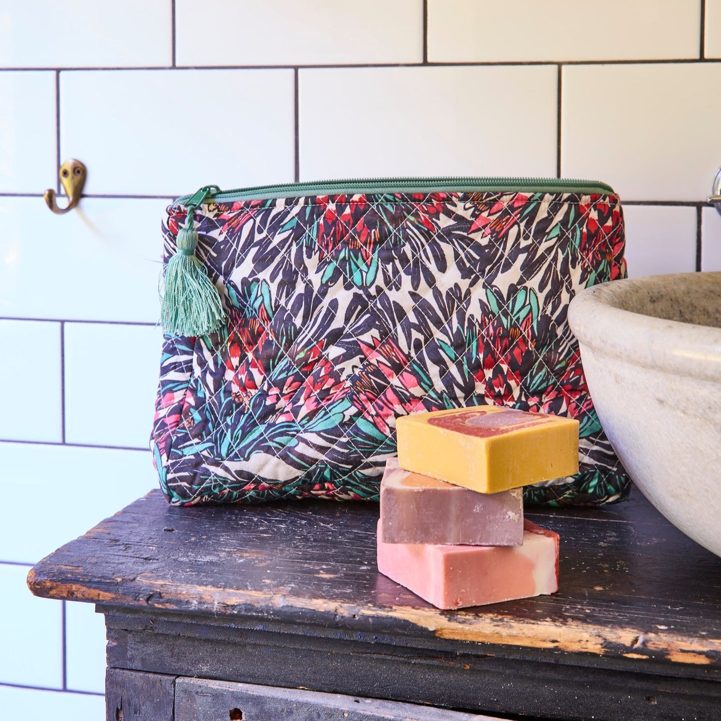 Protea Party Quilted Cotton Toiletry Purse