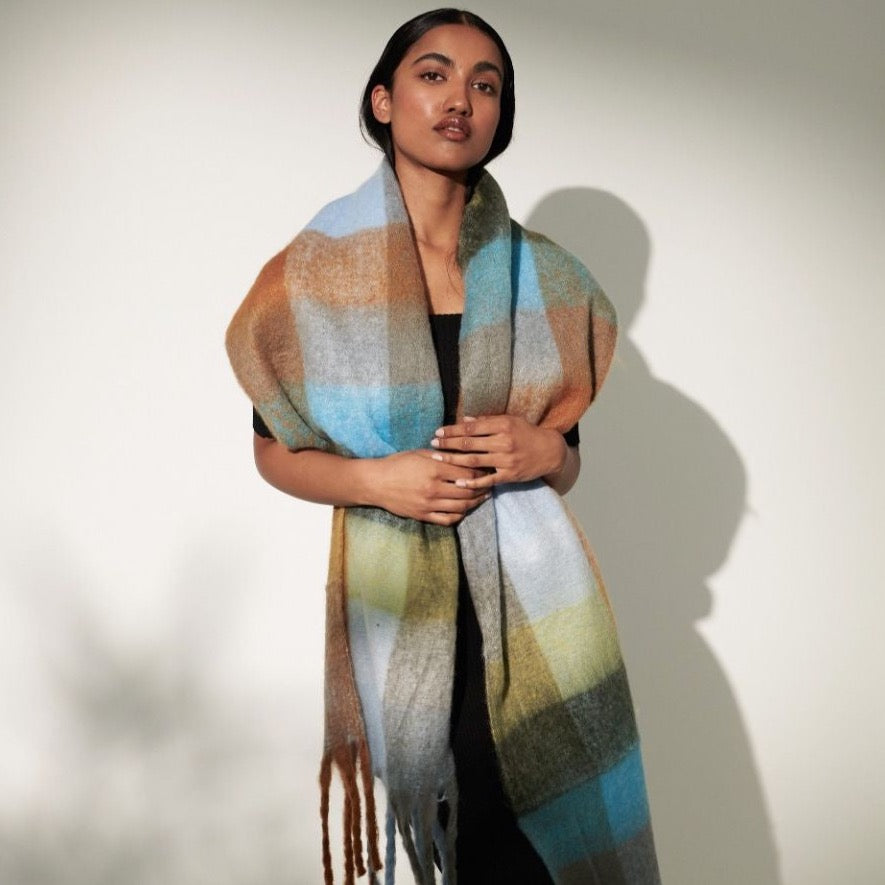 Blue & Tan Check Scarf