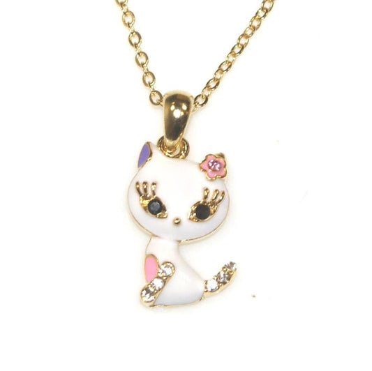 White Kitty Enamel & Diamante Necklace