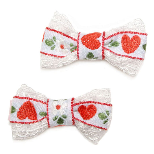 Scandi Red Heart Lace Bow Clips