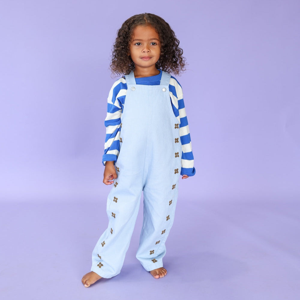Organic Embroidery Posy Ice Blue Kids Overalls
