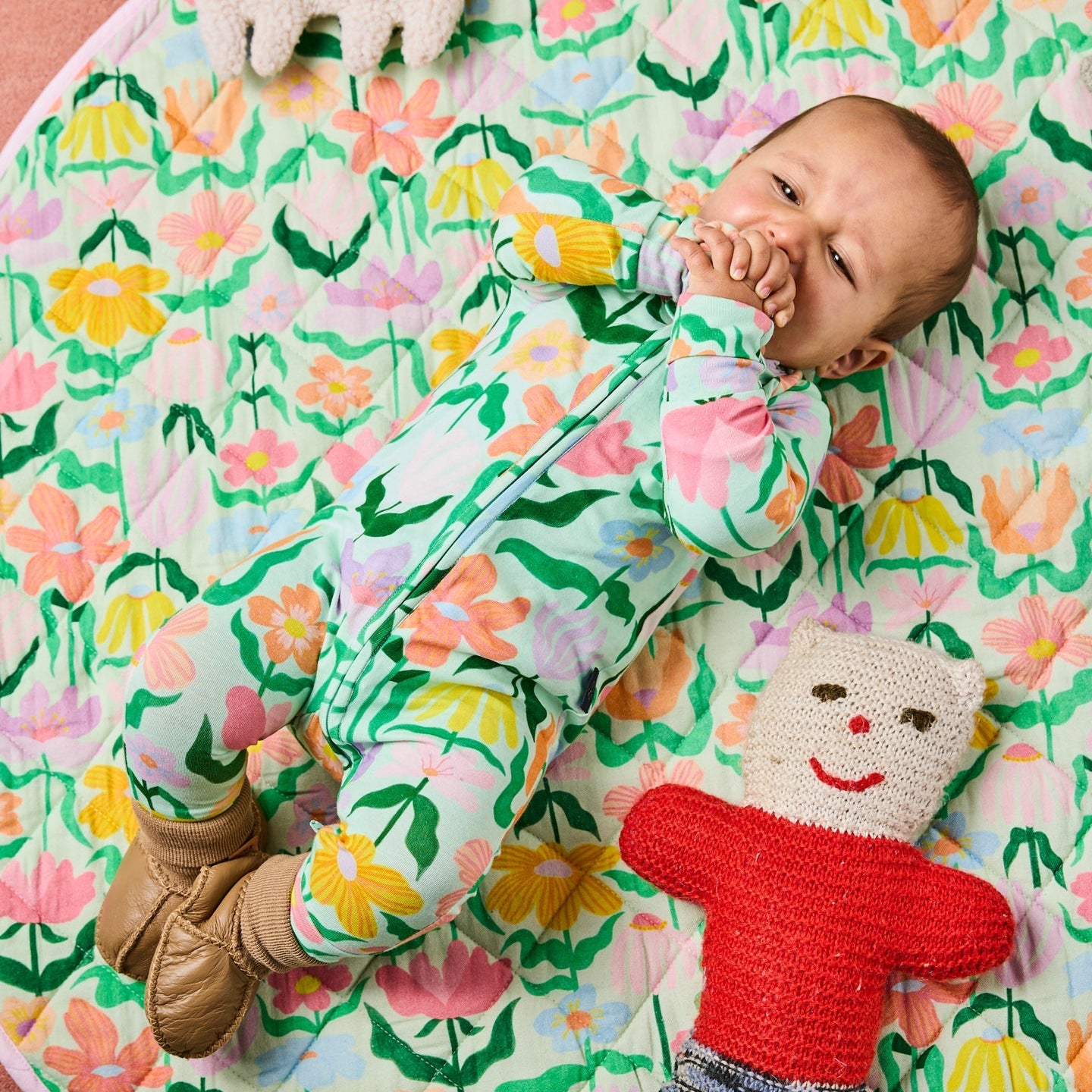 Popping Flowers Green Organic Long Sleeve Zip Romper