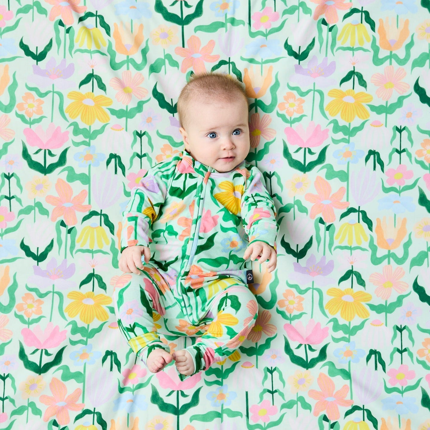 Popping Flowers Green Organic Long Sleeve Zip Romper