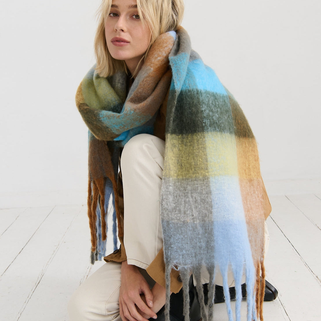 Blue & Tan Check Scarf