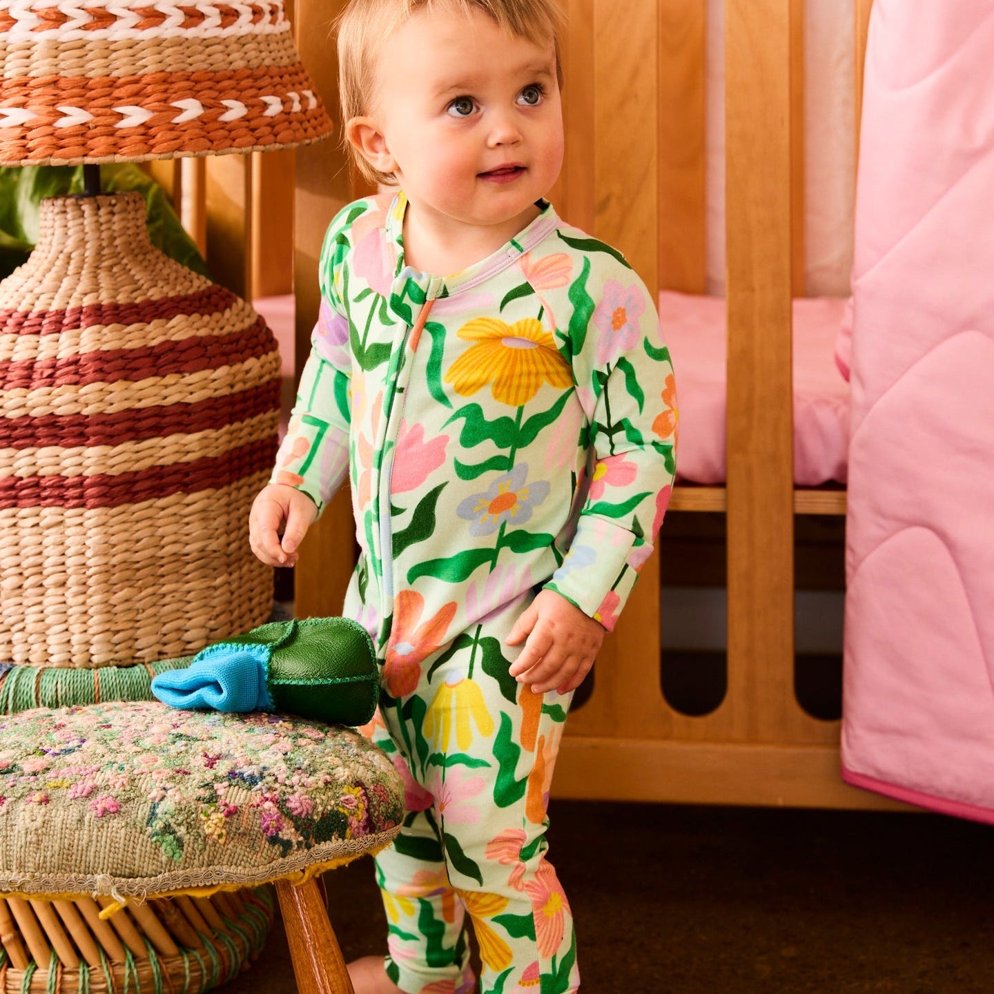 Popping Flowers Green Organic Long Sleeve Zip Romper