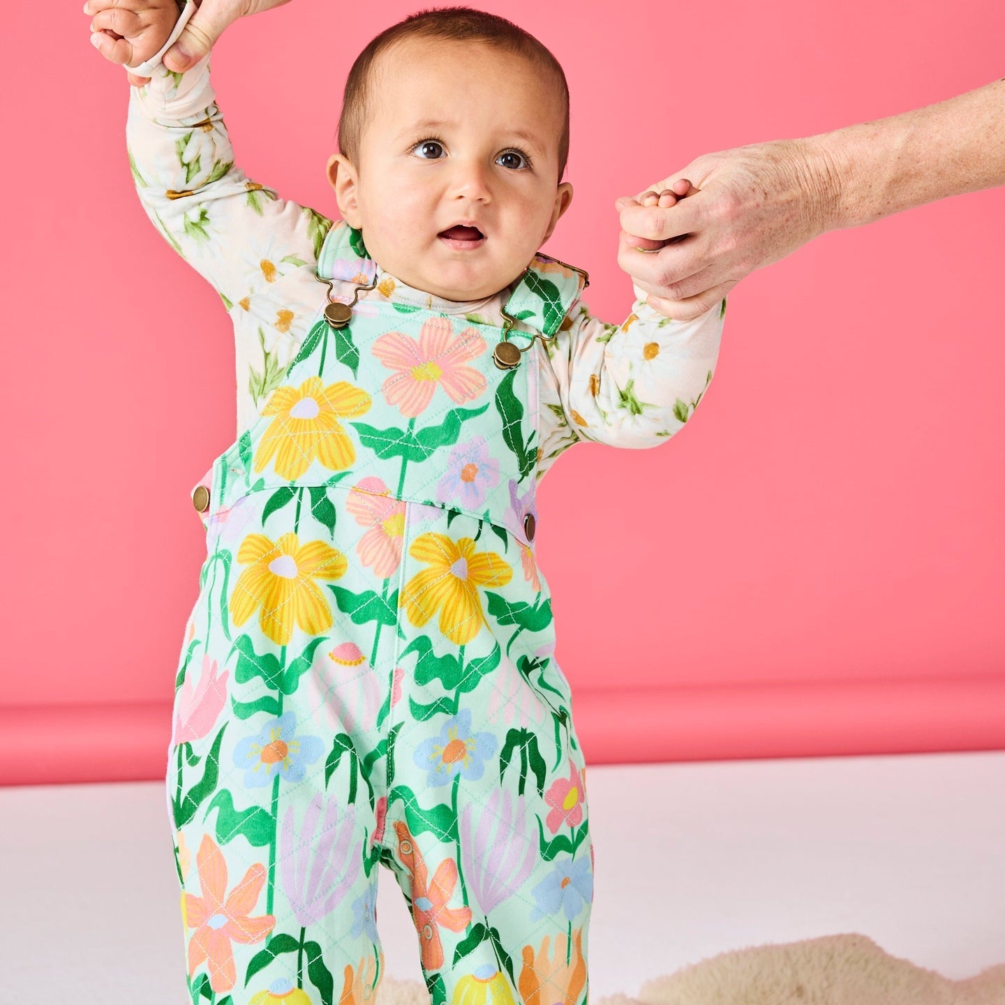 Popping Flowers Green Organic Cotton Quilted Fleece Overalls