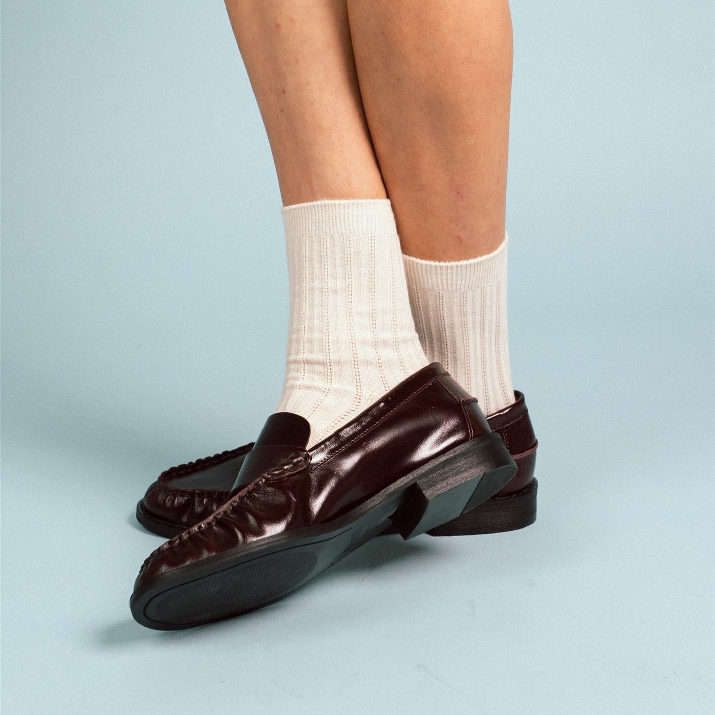 Beige Pointelle Fine Rib Knit Socks
