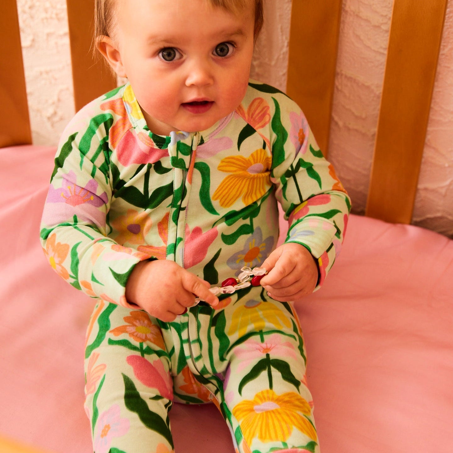 Popping Flowers Green Organic Long Sleeve Zip Romper