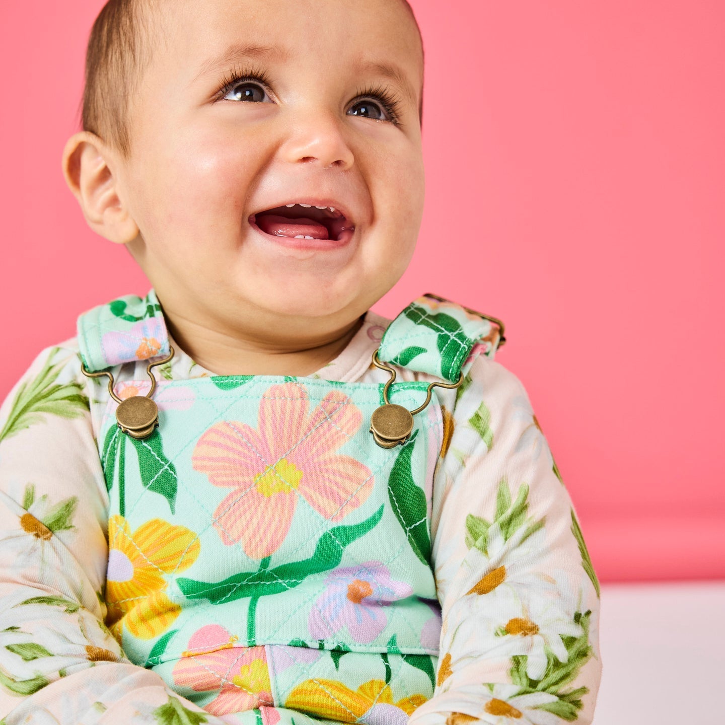 Popping Flowers Green Organic Cotton Quilted Fleece Overalls