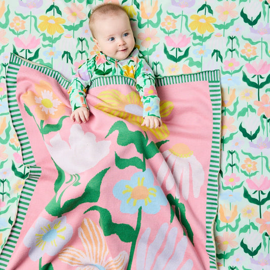 Popping Flowers Green Cotton Knitted Blanket