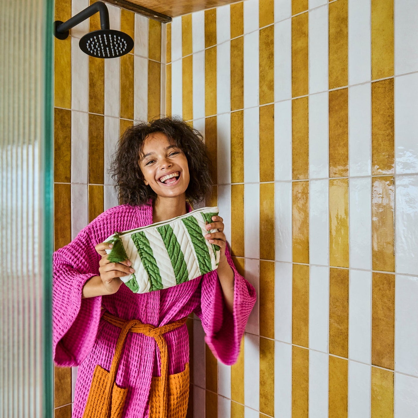 Moss Stripe Velvet Toiletry Bag