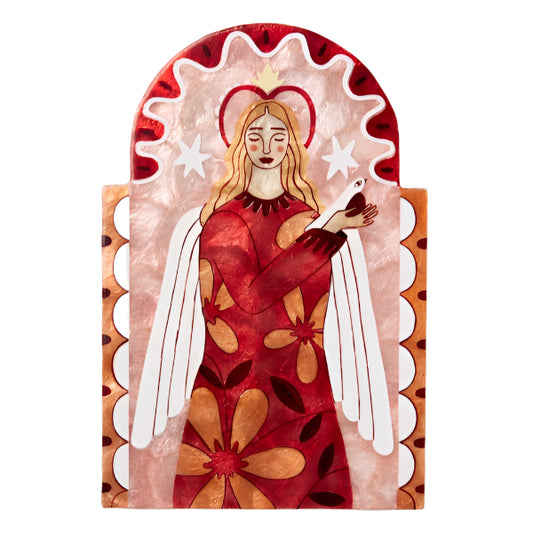 Decorative wall art with a stylised angel figure in a red and gold dress 