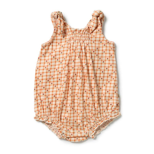 Checkerberry Organic Crinkle Cotton Tie Baby Playsuit