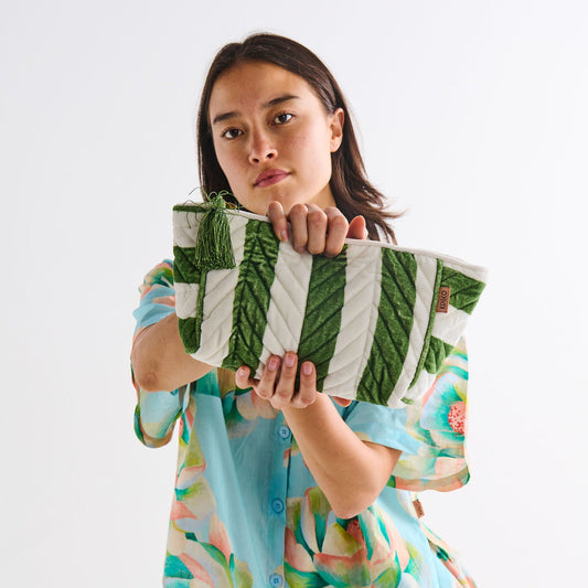 Moss Stripe Velvet Toiletry Bag