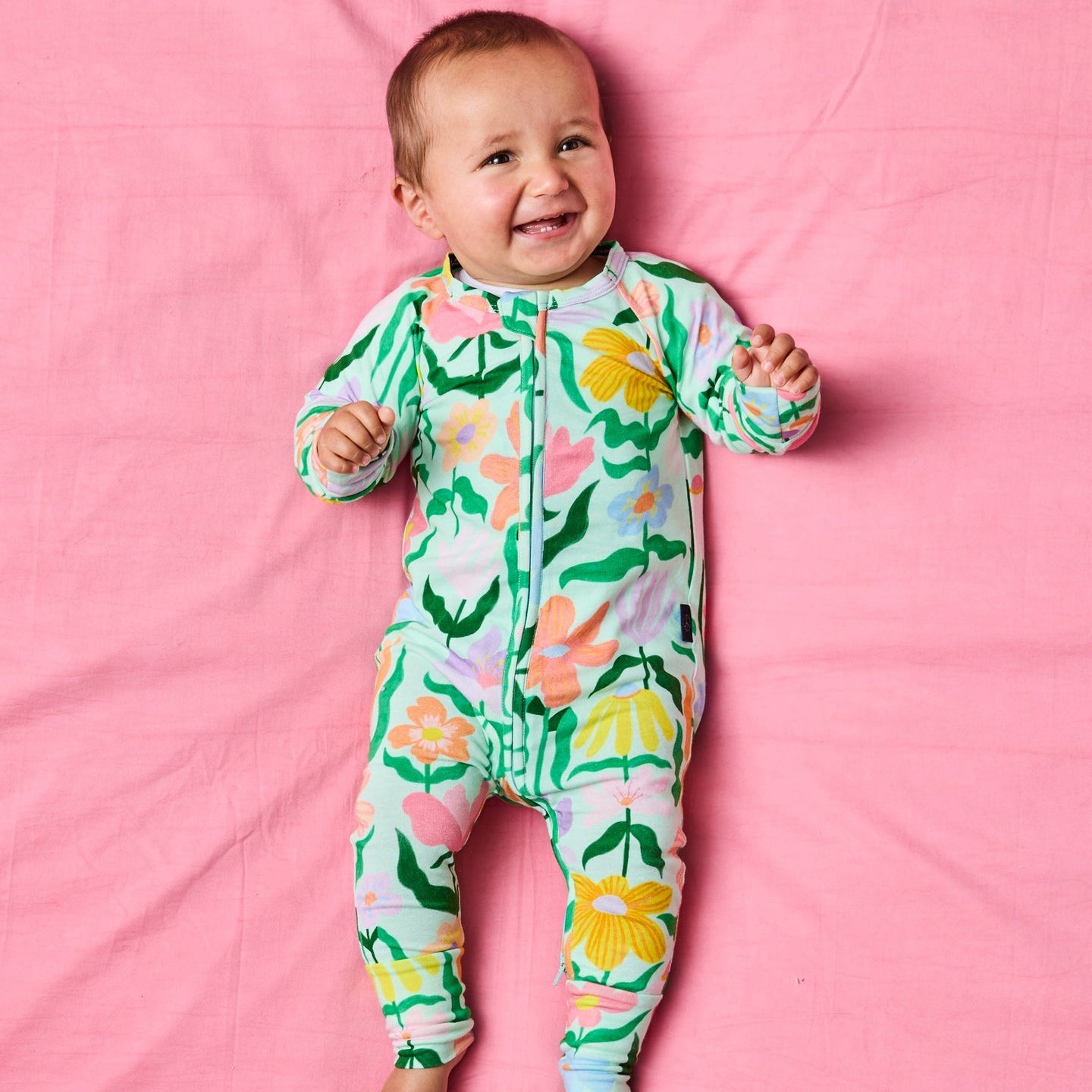 Popping Flowers Green Organic Long Sleeve Zip Romper
