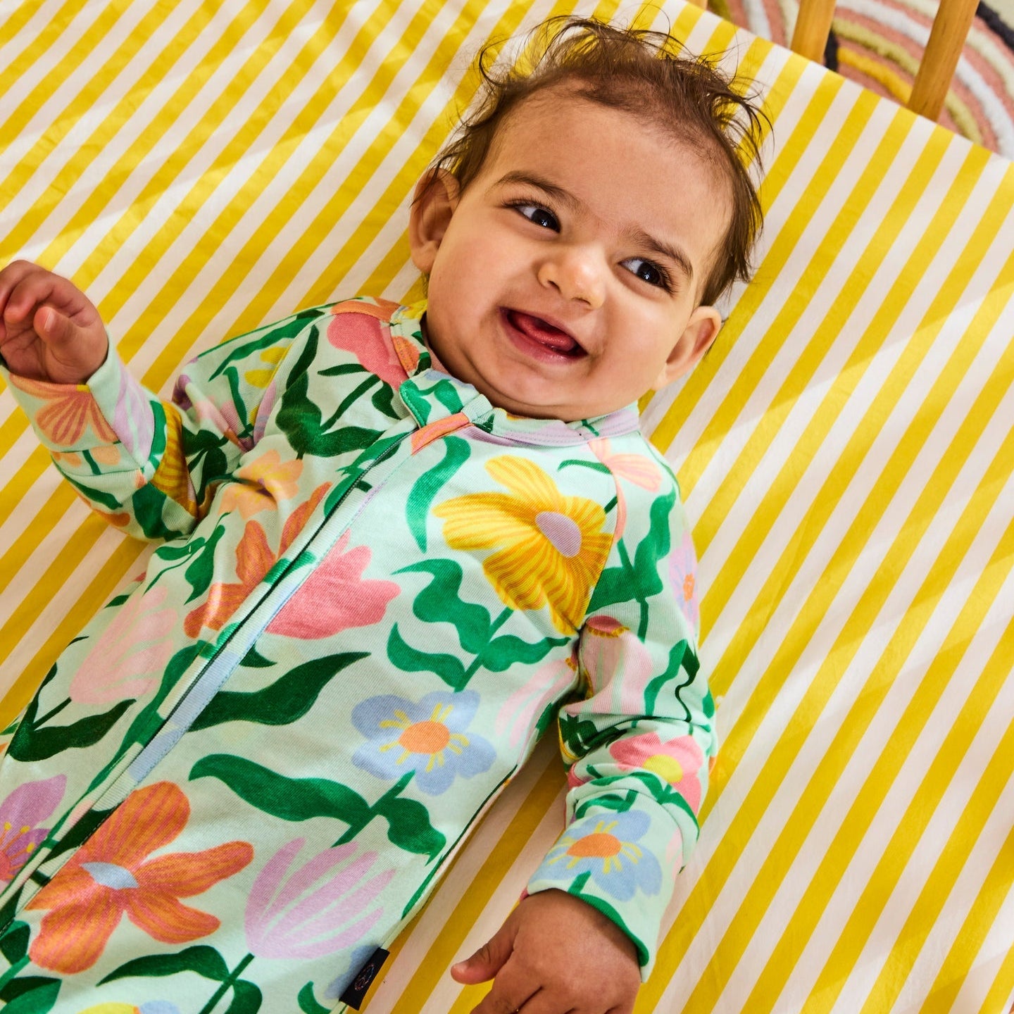 Popping Flowers Green Organic Long Sleeve Zip Romper