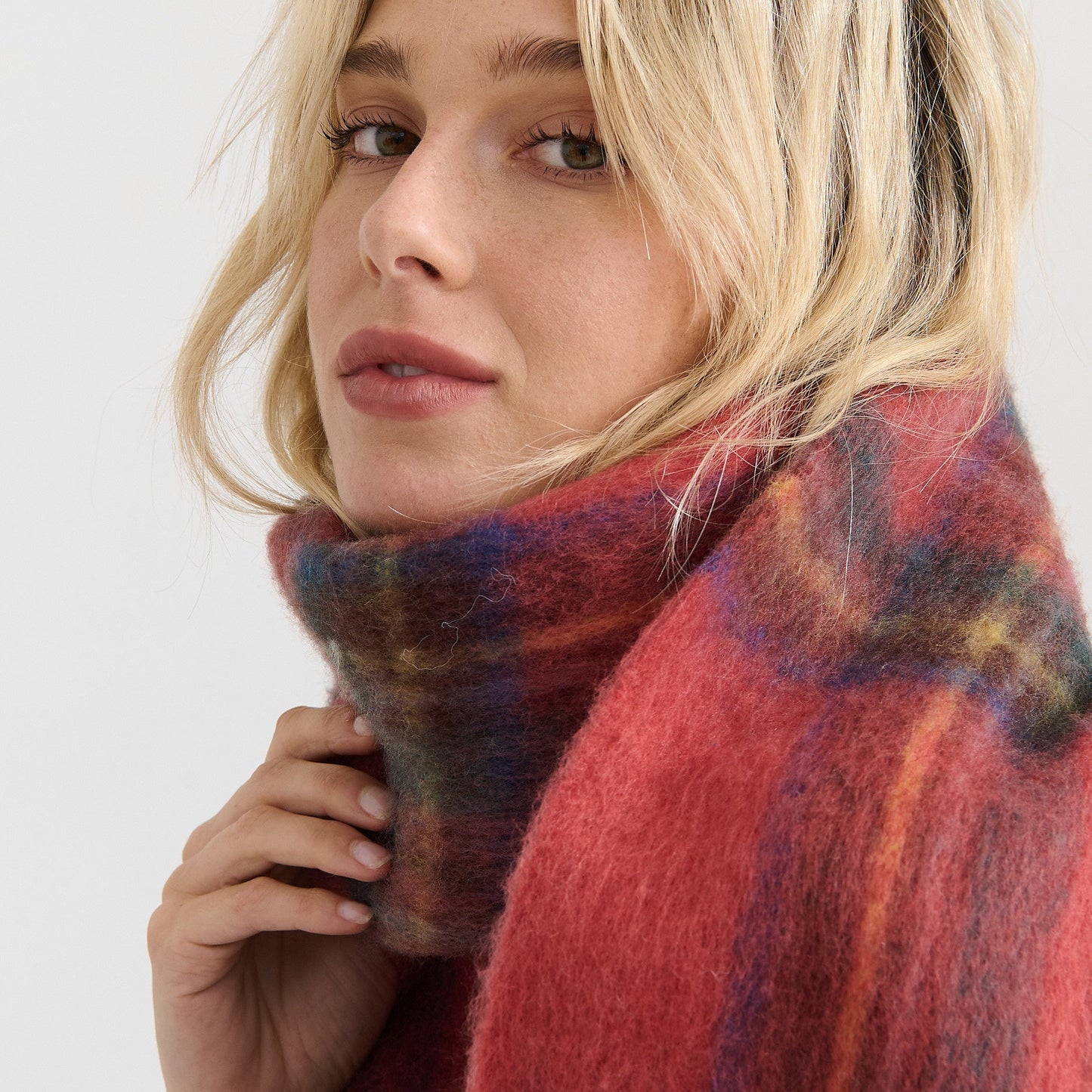 Vivian Check Wool Blend Fluffy Scarf