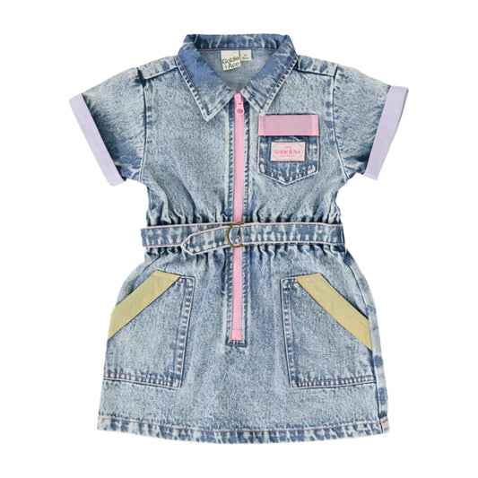Pastel Pop Piper Denim Belted Kids Dress