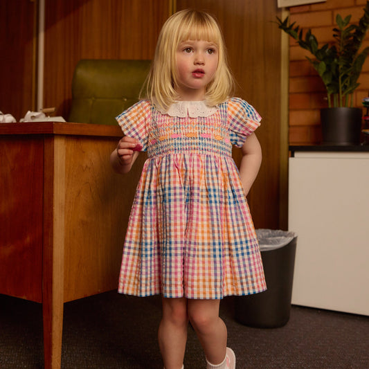 Flo Rainbow Gingham Smoked Kids Dress