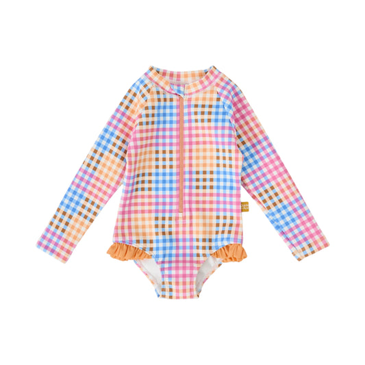 Rainbow Gingham Long Sleeve Frill Kids Swimsuit