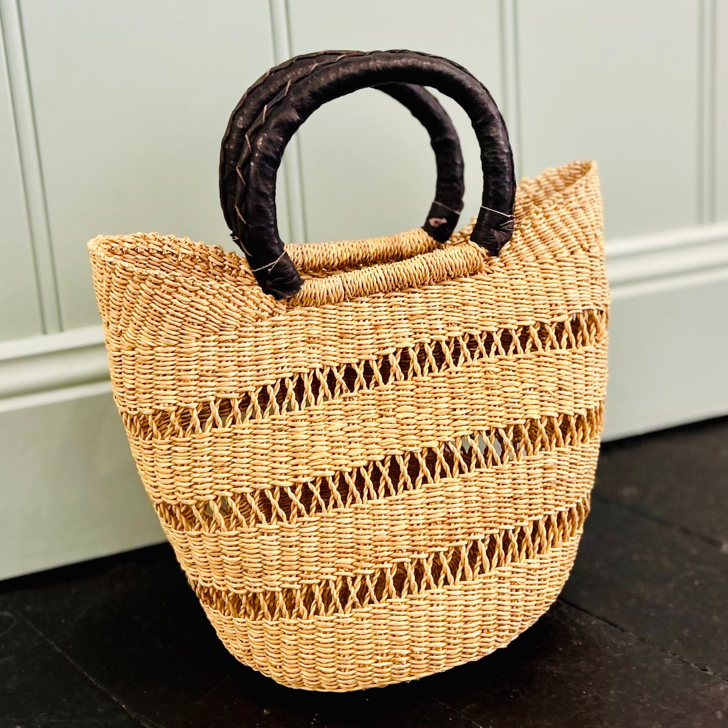 Mini Market Basket Black Leather Open Weave