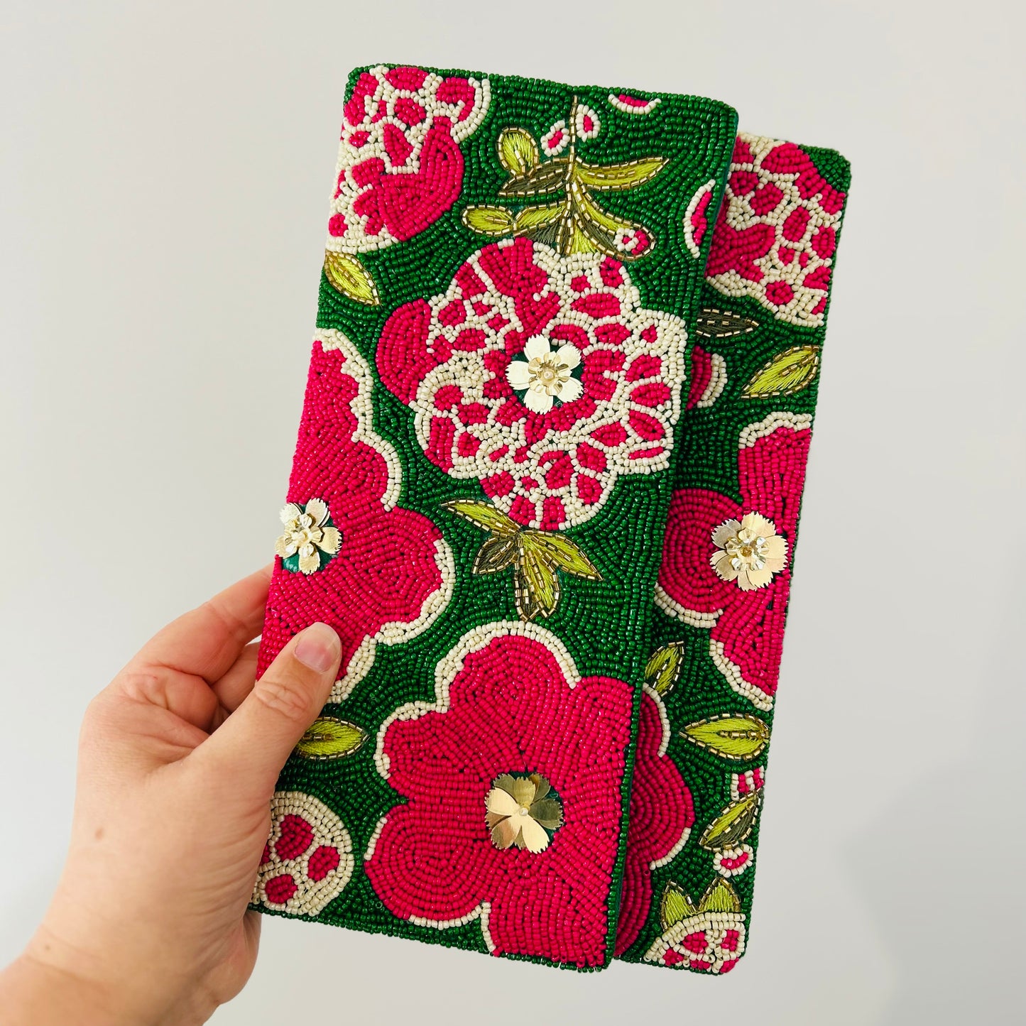 Beaded Clutch Pink & Green Florals