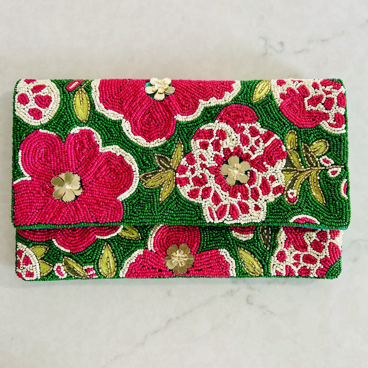 Beaded Clutch Pink & Green Florals