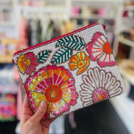 Pink Floral Beaded Clutch