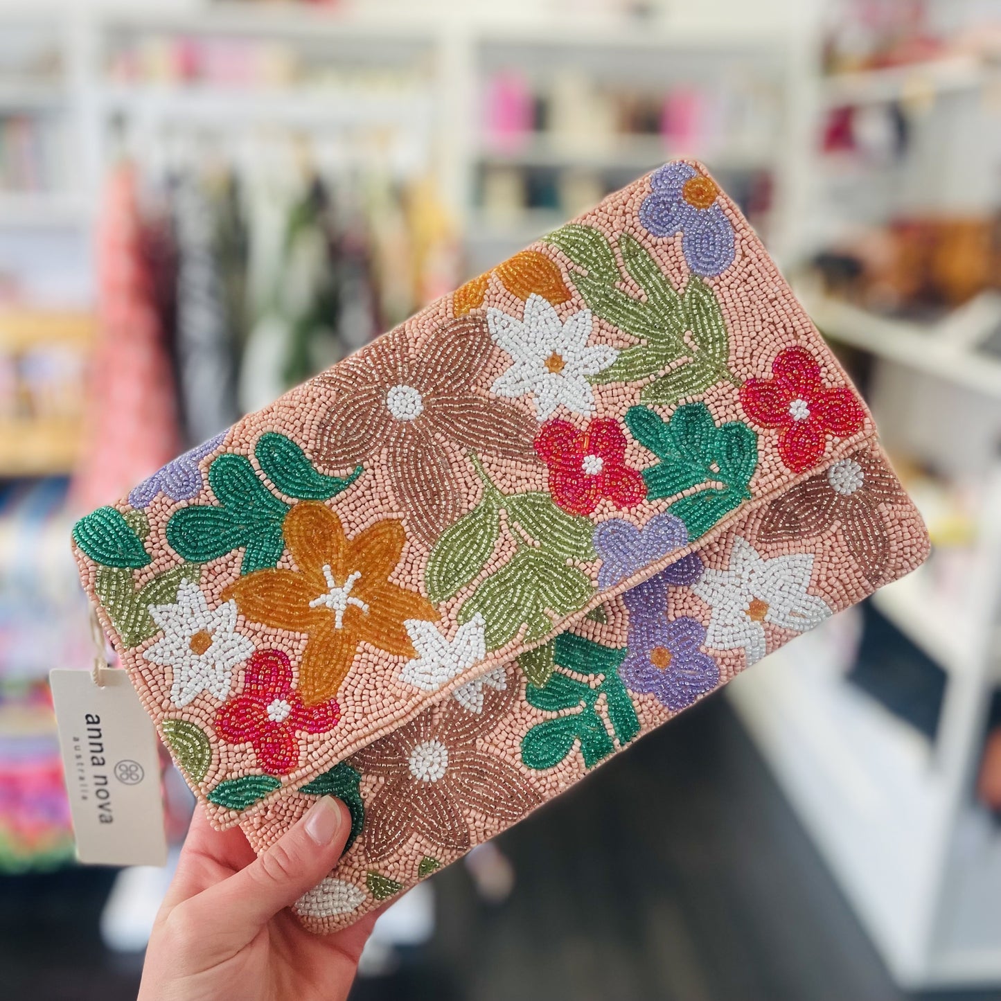 Apricot Floral Beaded Clutch