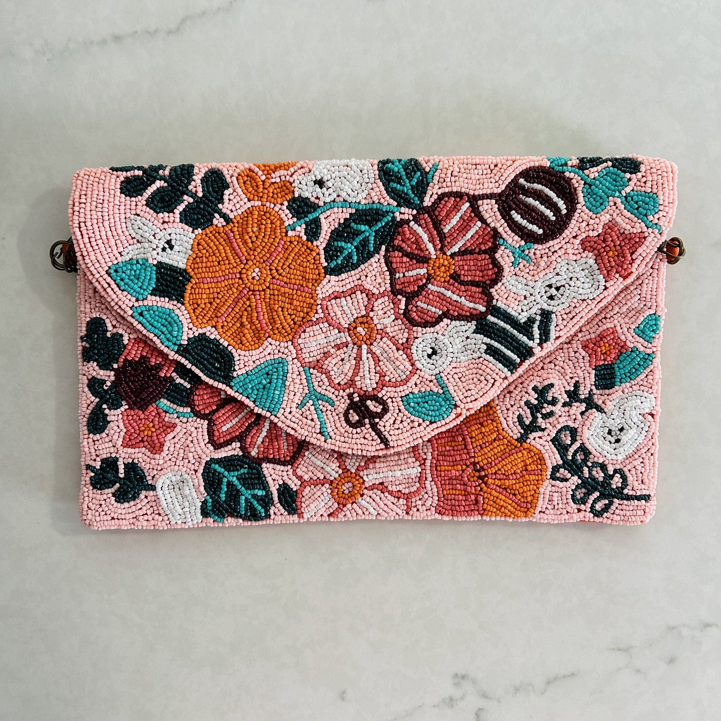 Pink & Orange Florals Beaded Clutch Bag