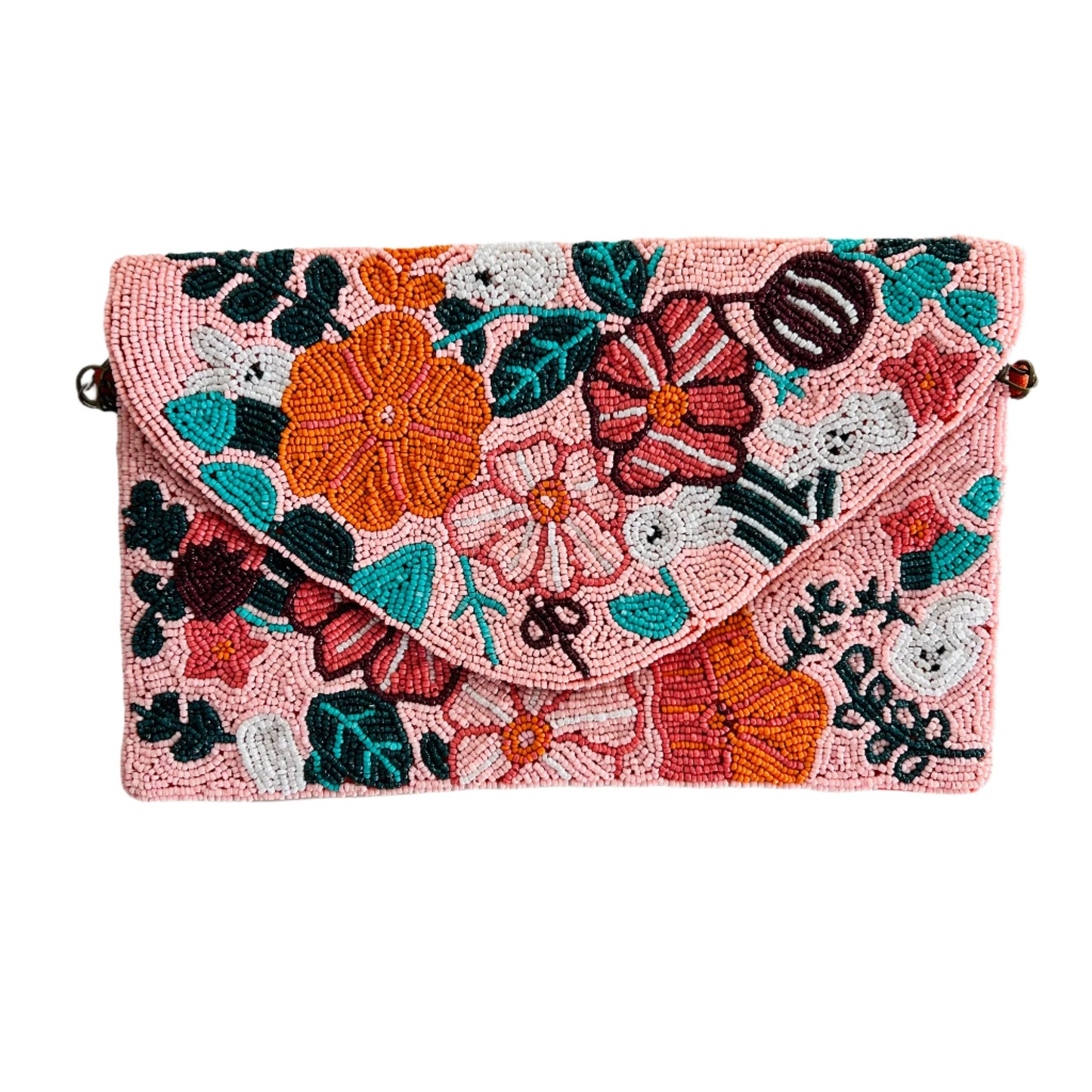 Pink & Orange Florals Beaded Clutch Bag