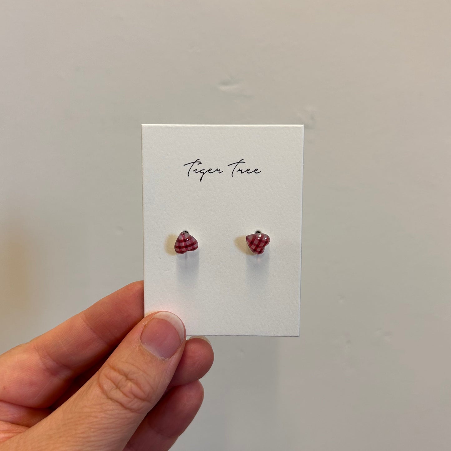 Red Gingham Heart Studs