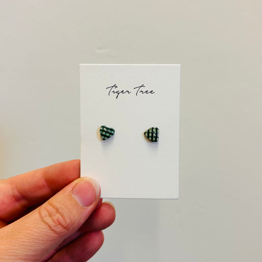 Green Gingham Heart Studs