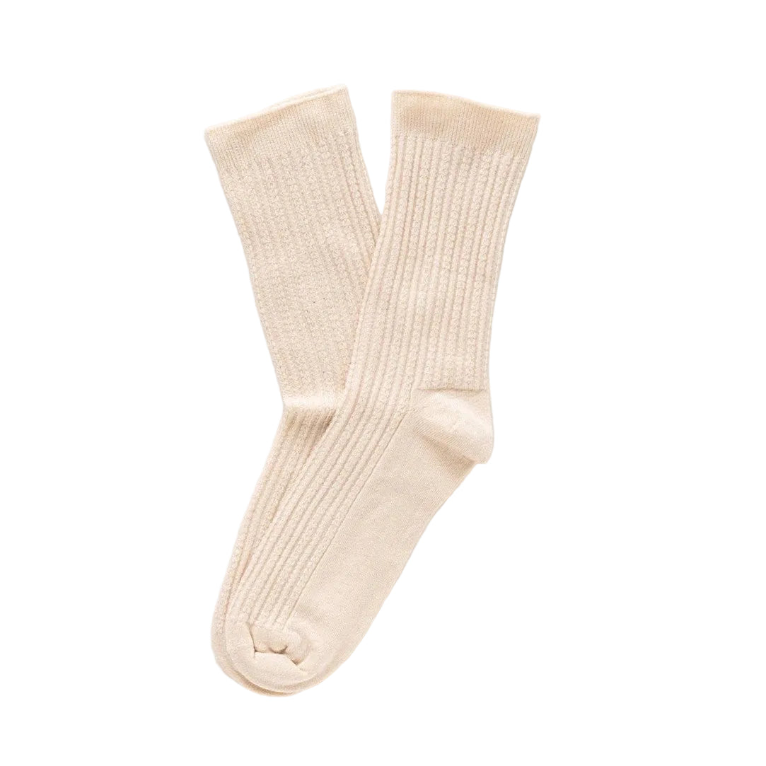 Beige Pointelle Fine Rib Knit Socks