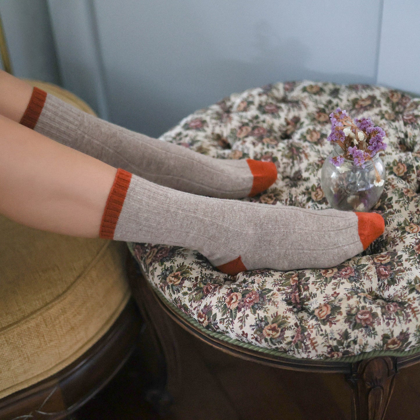 Beige & Orange Bands Merino Wool Socks