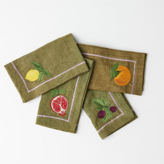 Autumn Fruits Embroidered Linen Napkin Set of 4