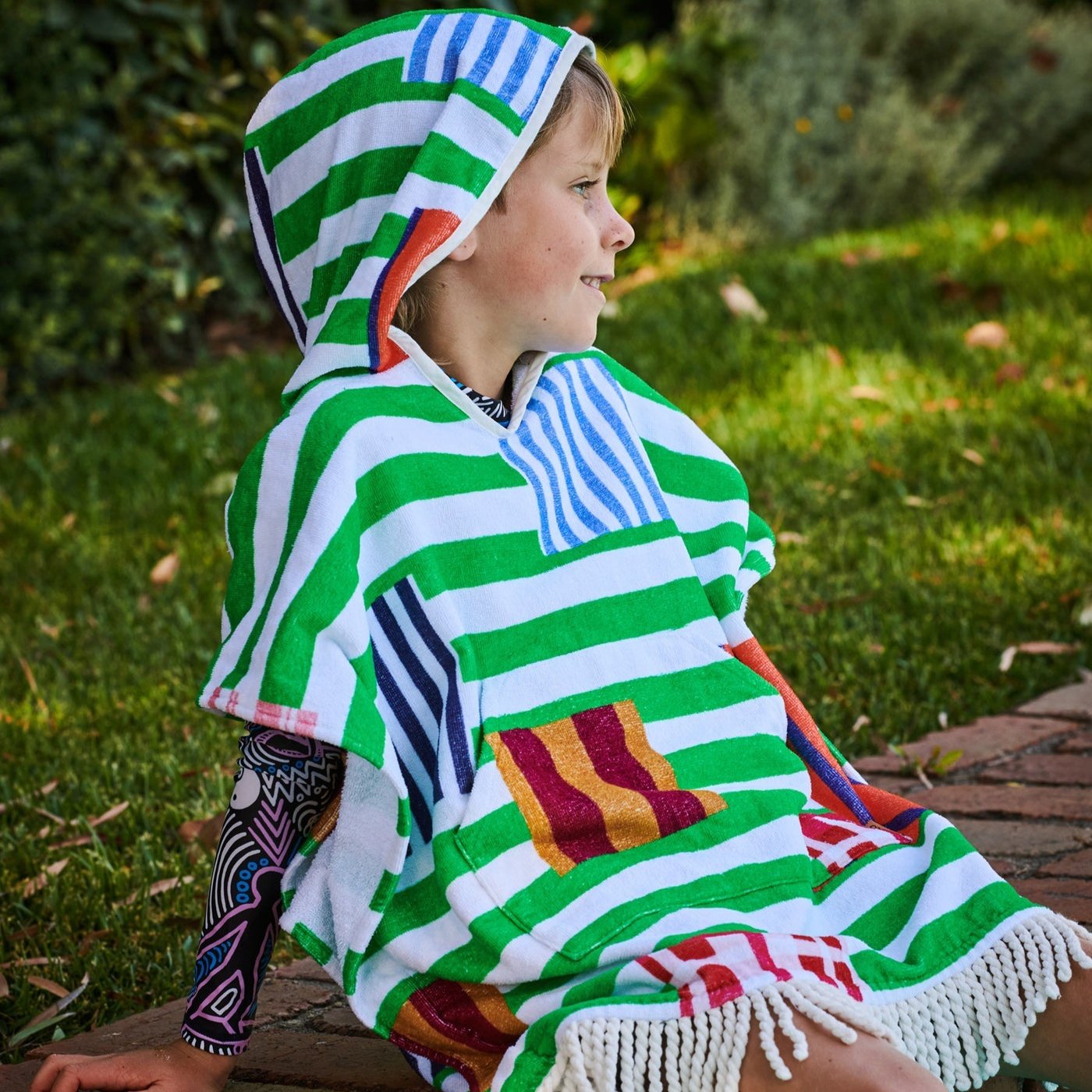 Stripe On Stripe Printed Kids Terry Poncho