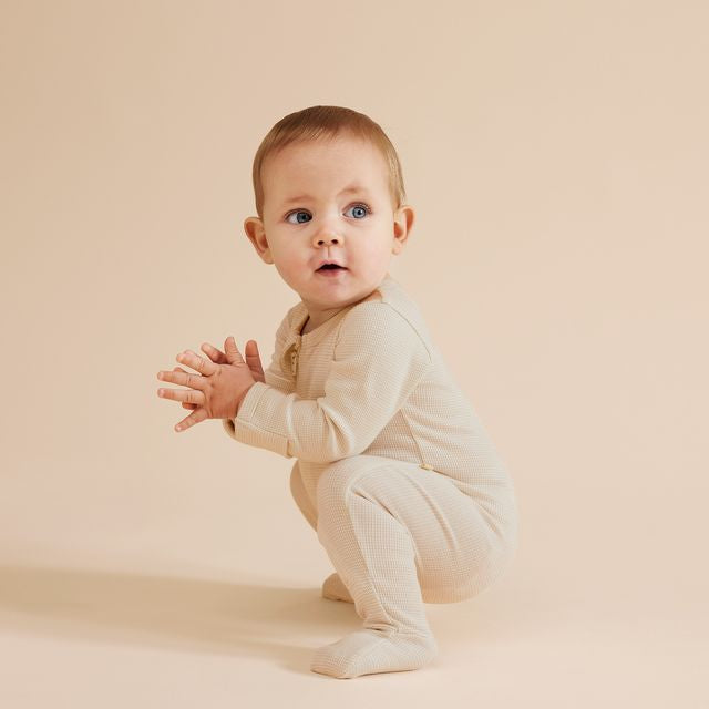 Oatmeal Organic Stripe Rib Zipsuit with Feet