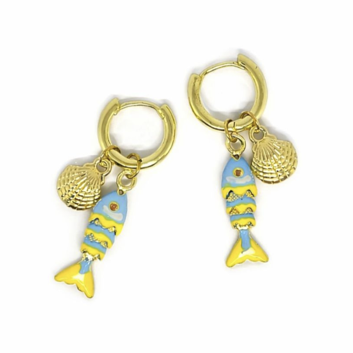 Blue Swimming Fish Huggie Earrings