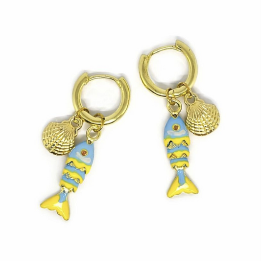 Blue Swimming Fish Huggie Earrings