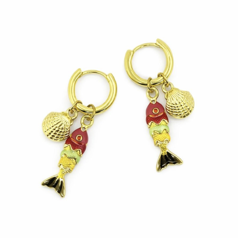 Red Swimming Fish Huggie Earrings