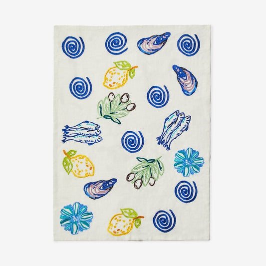 Embroidered Sardines Blue Tea Towel