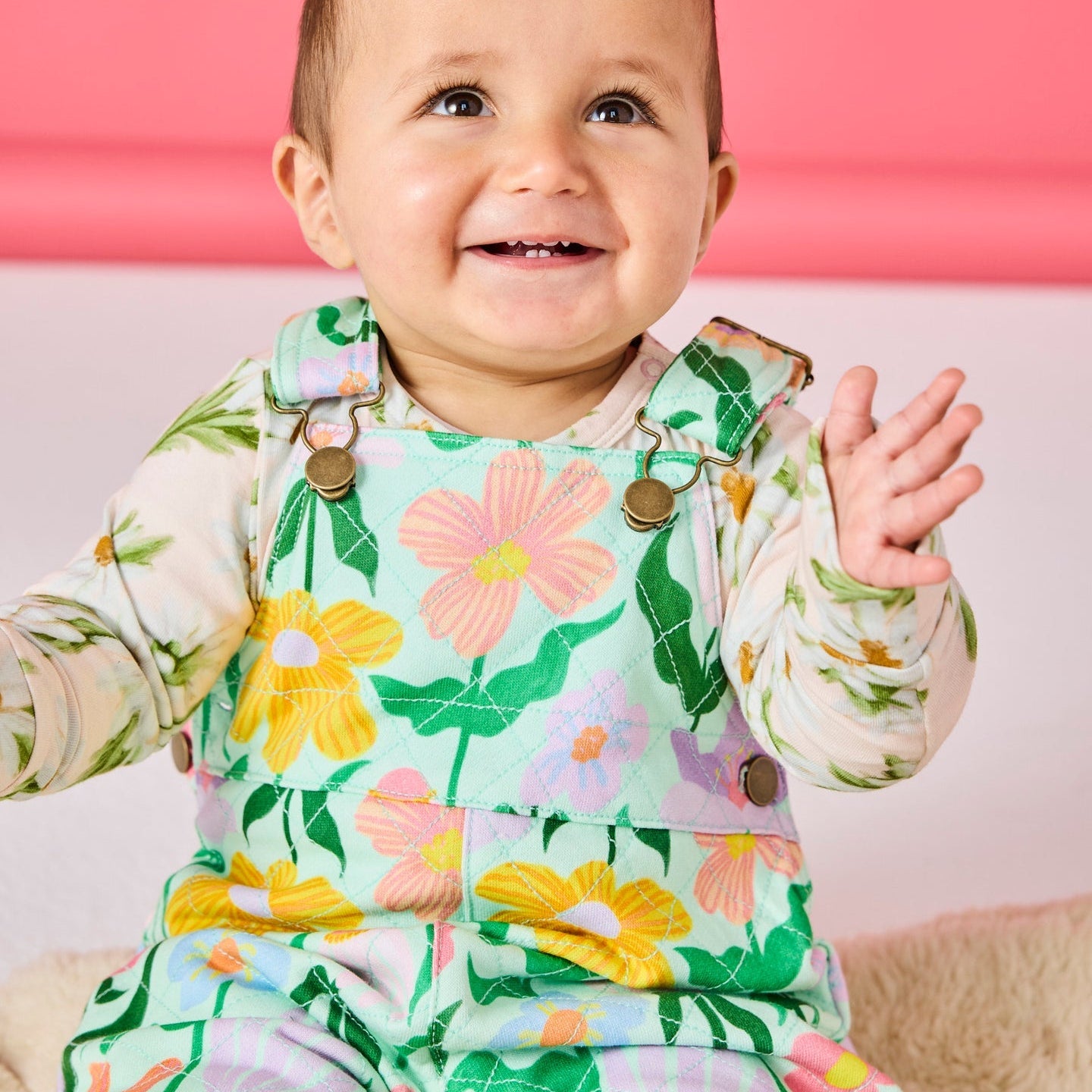 Popping Flowers Green Organic Cotton Quilted Fleece Overalls