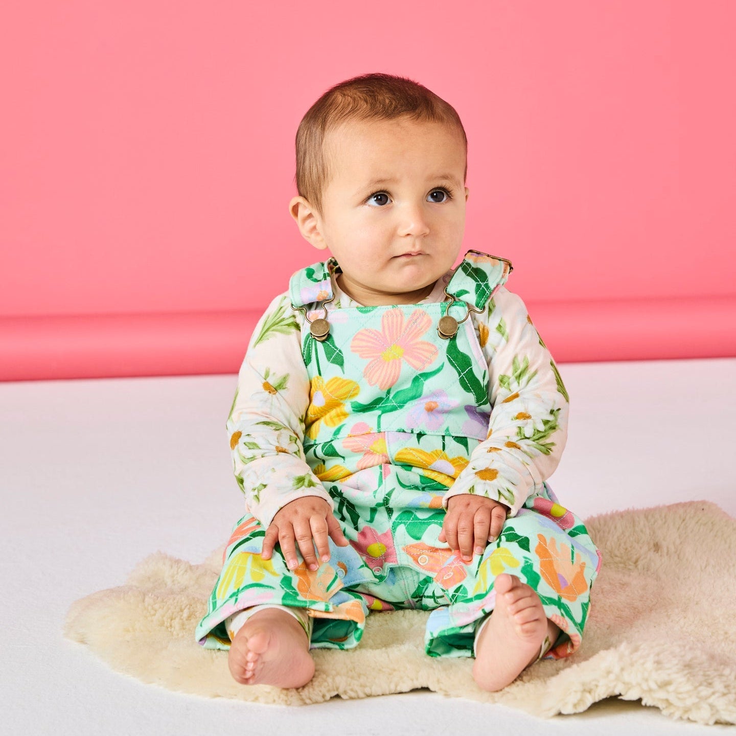 Popping Flowers Green Organic Cotton Quilted Fleece Overalls